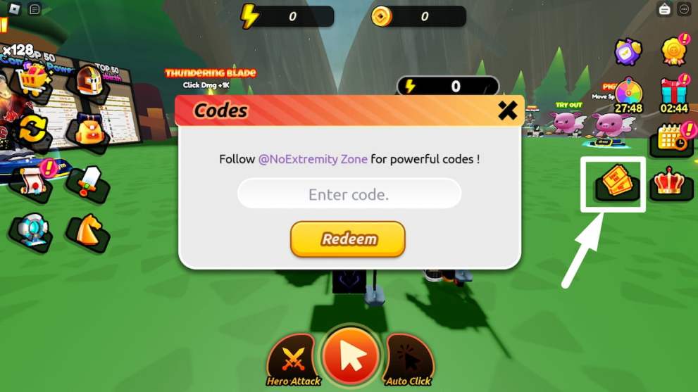 Codes redemption menu in Anime Swordsman Roblox experience