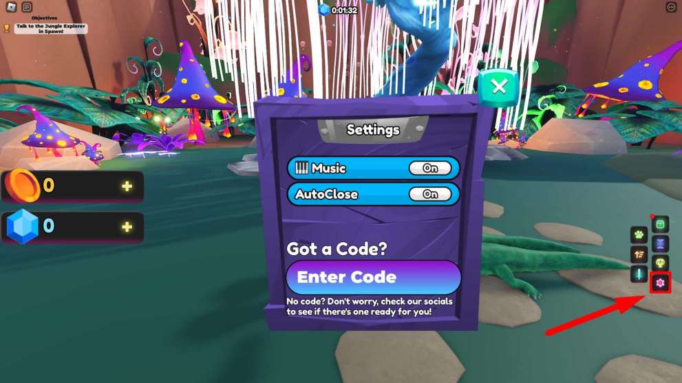 Codes redemption menu in the Pet Simulator Roblox experience