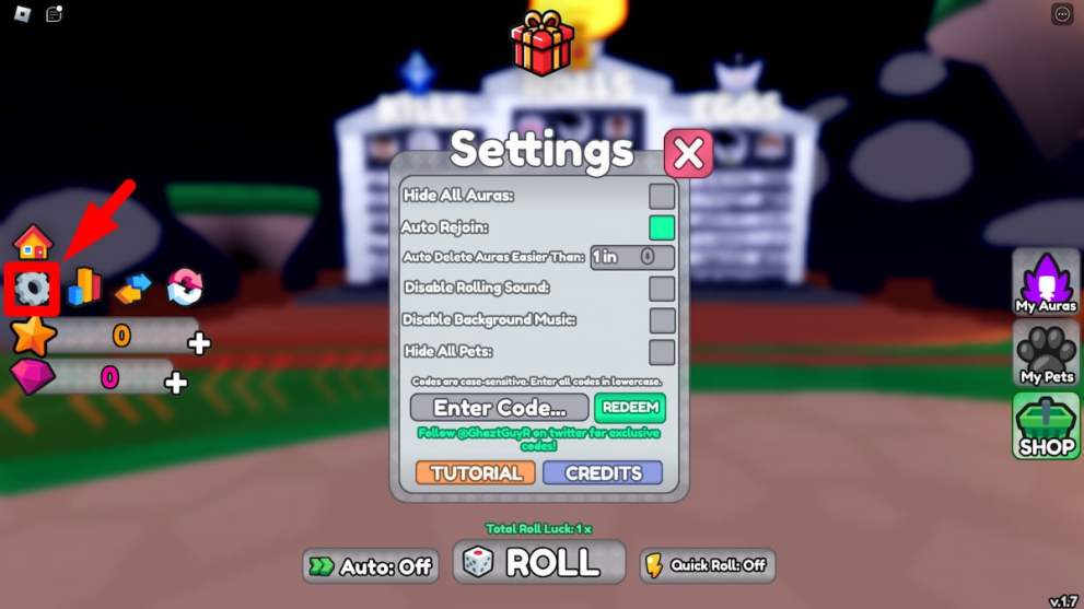 Codes redemption menu in RNG Combat Simulator Roblox experience