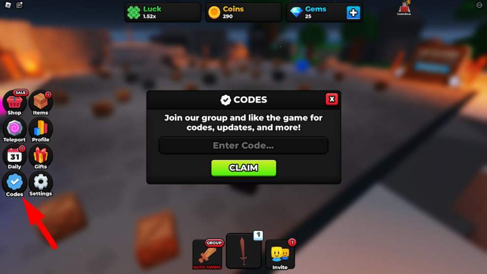 Codes redemption menu in RNG Odyssey Roblox experience