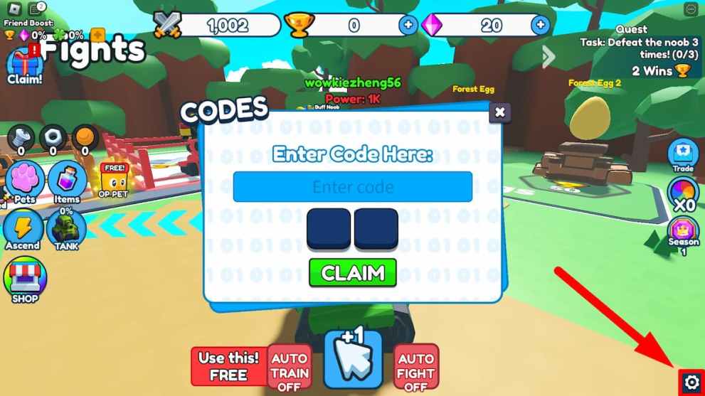 Codes redemption menu in Tank Simulator Roblox experience