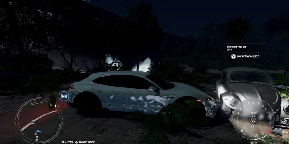 driving up to wrecked beetle at night