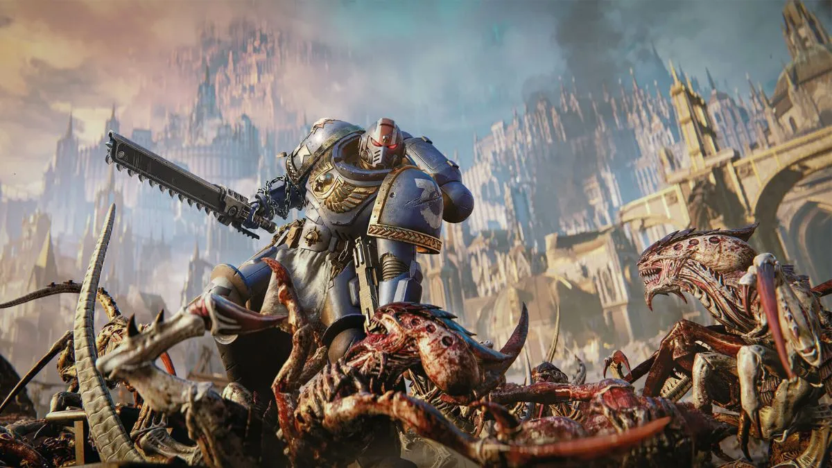 Titus standing over dead Terminid enemies with his Chainsword in Space Marine 2