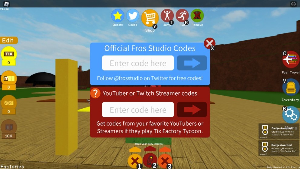 The code redemption screen in Tix Factory Tycoon.