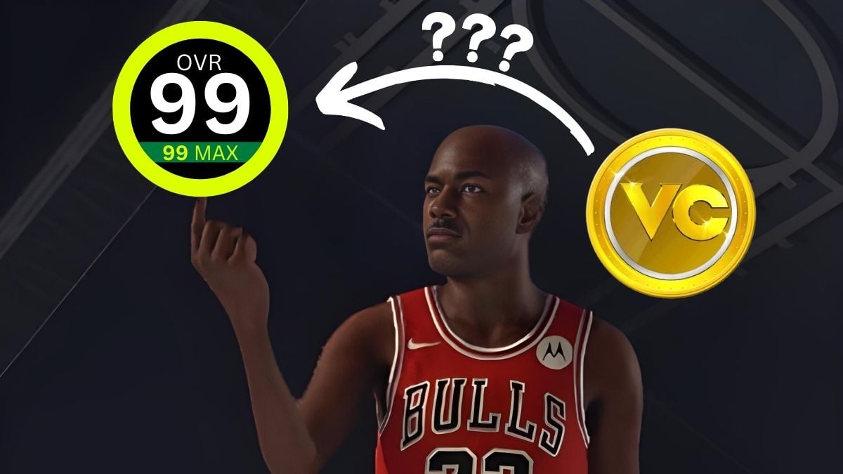 Michael Jordan in NBA 2K25 with his overall and the VC badge next to him