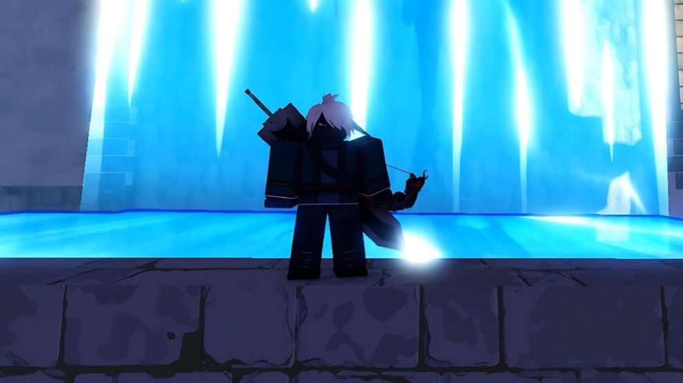 Player holding a weapon in front of a fountain in Devas of Creation