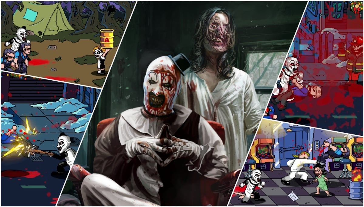 A Collage Of Screenshots & Key Art From Terrifier: The ARTcade Game