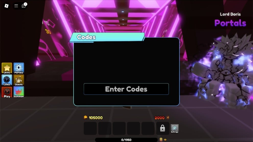 The code redemption screen in Anime Multiverse Tower Defense.