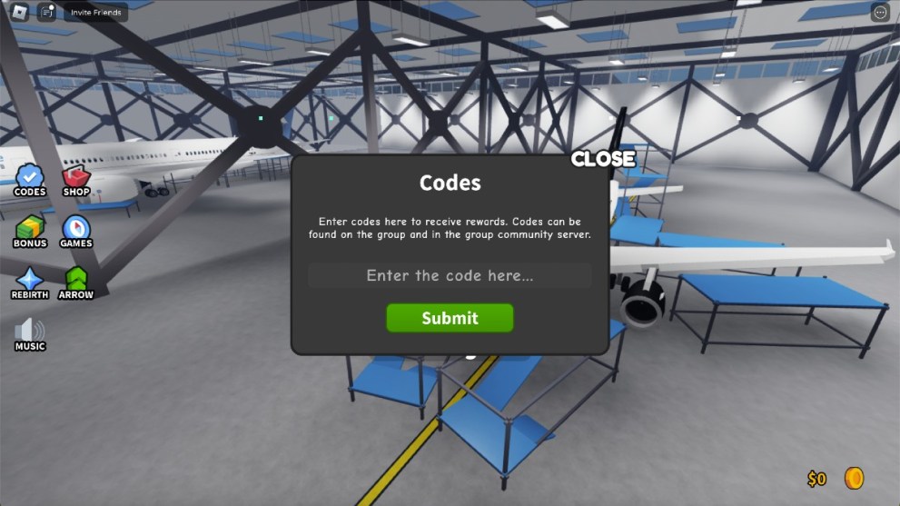 The code redemption page in Build a Plane Tycoon.