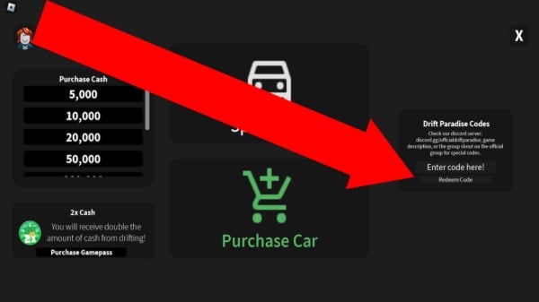 In-game screenshot of Drift Paradise codes section