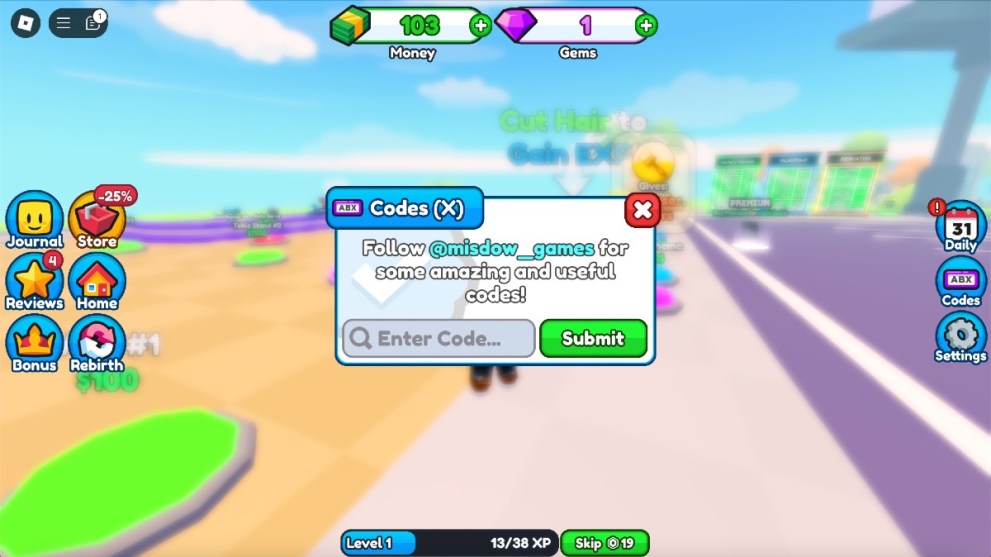 The code redemption screen in Glow Up Tycoon.