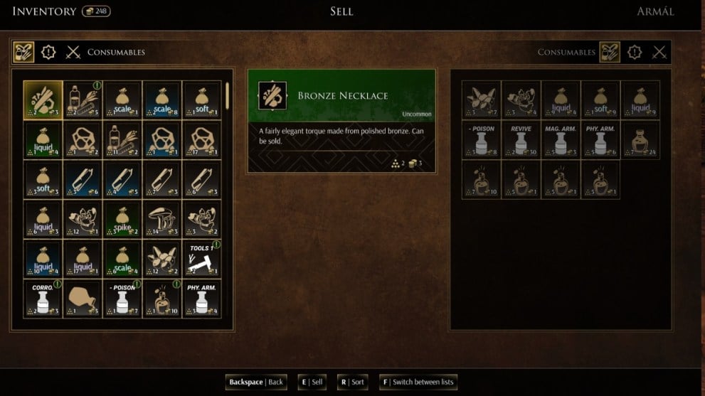 Greedfall 2 merchant purchase and selling screen