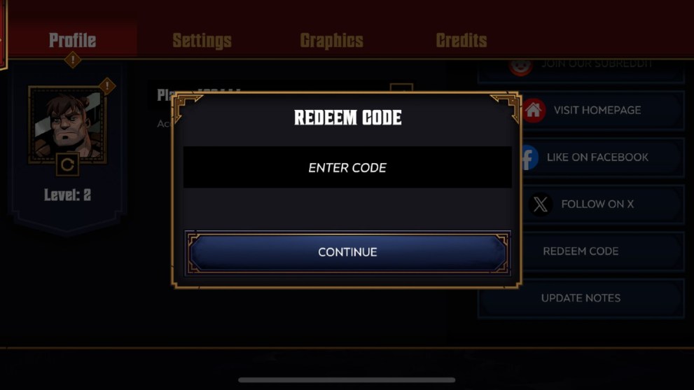 The code redemption screen in Grimguard Tactics.