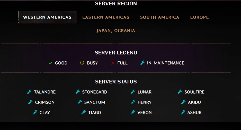 Server list on the Throne and Liberty website