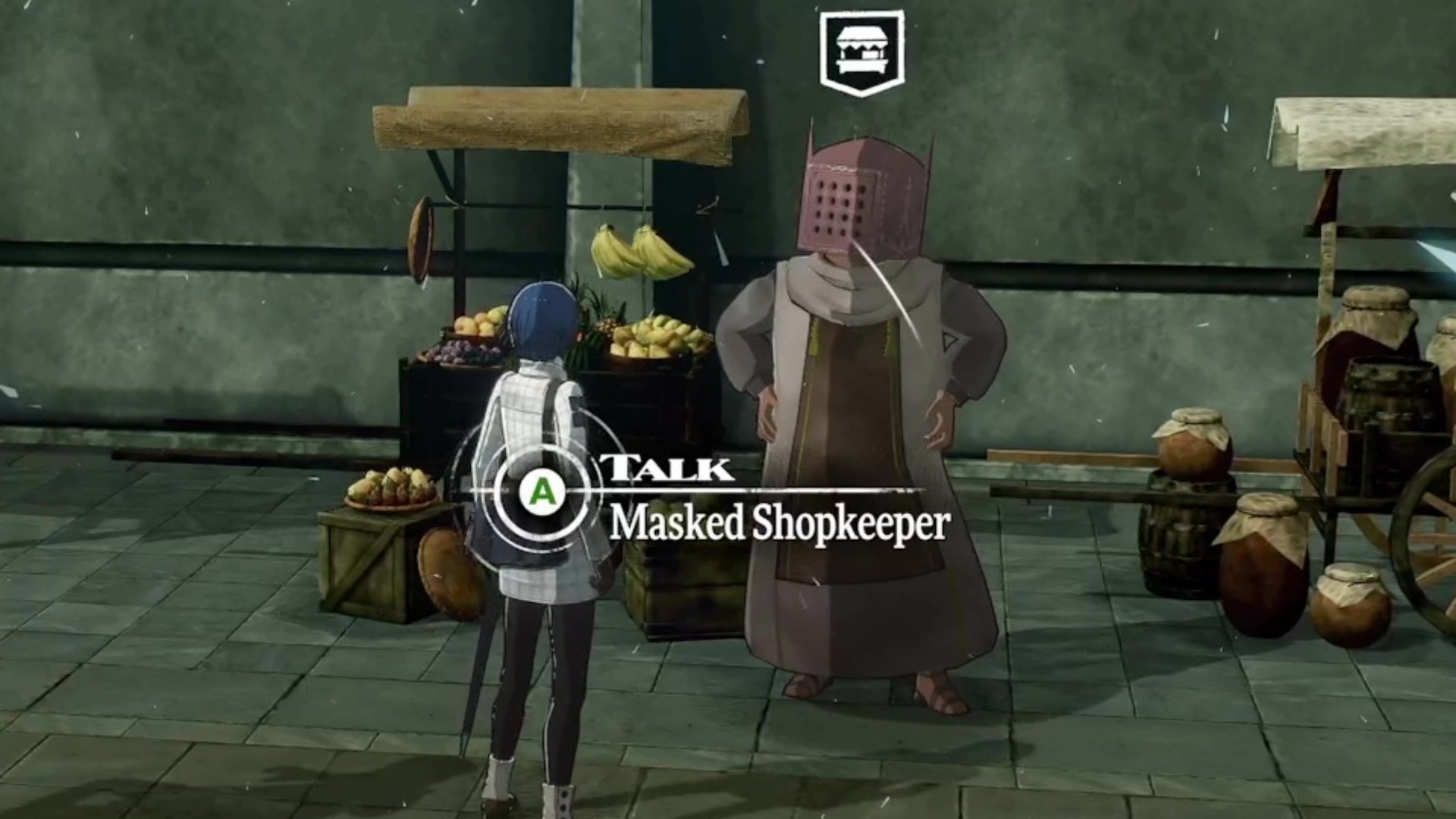 The Masked Shopkeeper in Metaphor: ReFantazio who seels the Soothing Sweetbun & Mindless Mallet