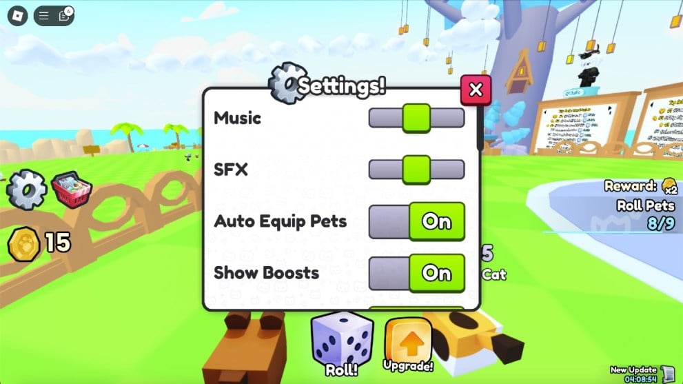 The Settings menu in Pets Go.