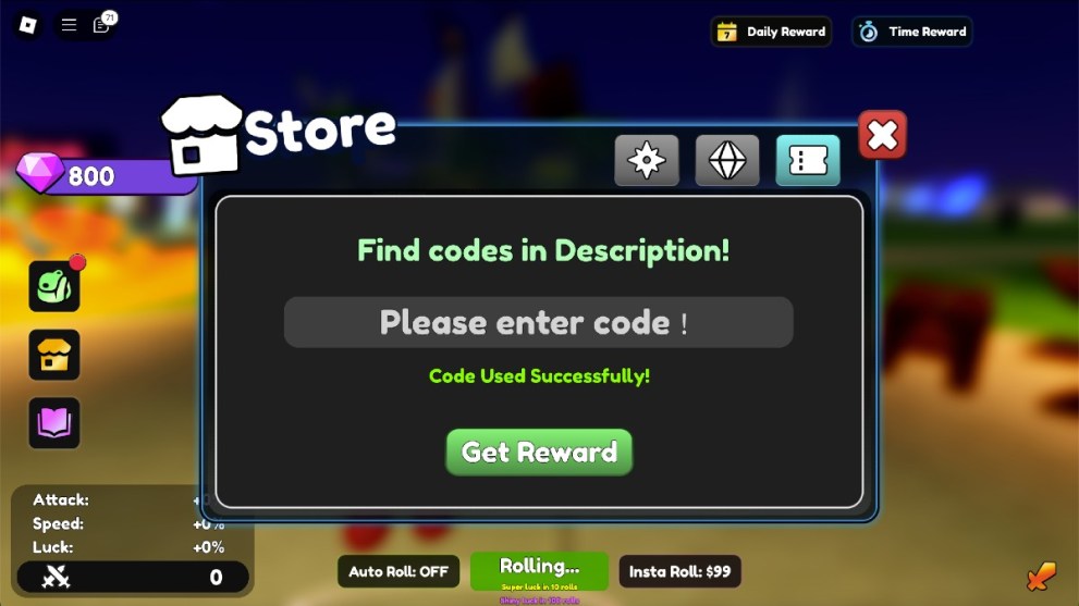 The code redemption screen in RNG Hero Squad.