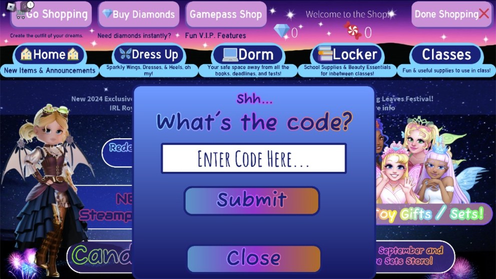 The code screen in Royale High.