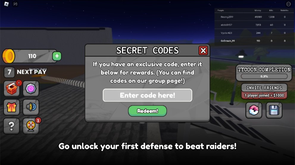 The code redemption screen in Spy Agency Tycoon.