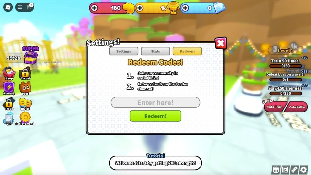 The code redemption screen in Sword Clashers Simulator.