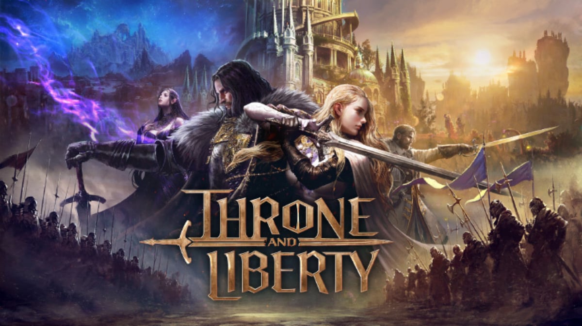 Throne and Liberty Chat not working bug game promo art with male and female character standing behind logo