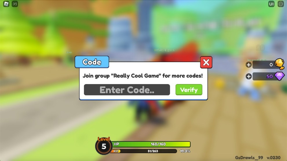 The code redemption screen in Weapon Warrior Simulator.