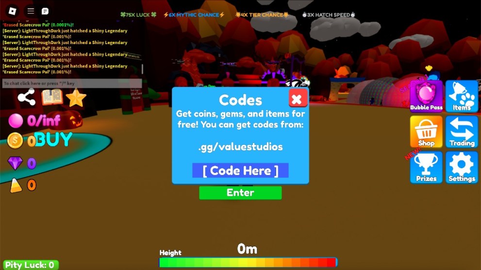 The code redemption screen in Bubble Gum Champions.