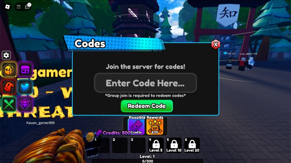 The code redemption screen in Celestial Tower Defense.