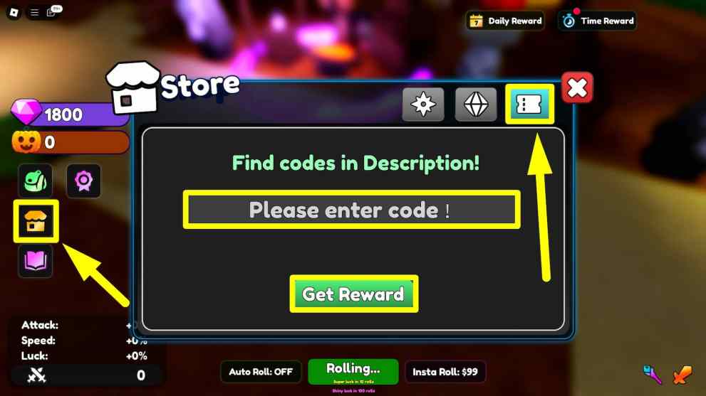 Codes redemption menu in the RNG Strongest Hero Roblox experience