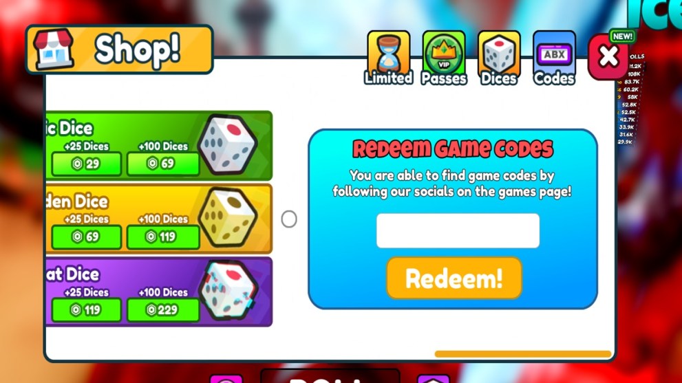 The codes text box in Flying RNG