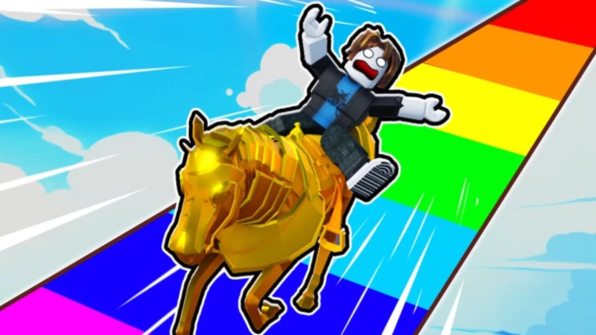 Horse Race codes - Roblox character on a horse on a rainbow road