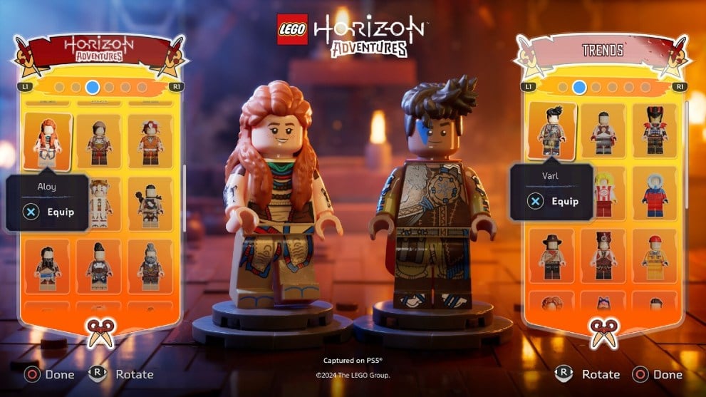 Equipping characters in LEGO Horizon Adventures.