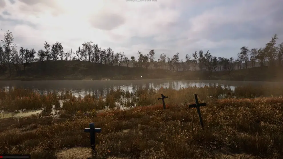 STALKER 2 scenery with crosses for graves and highly detailed grass and small lake with trees around it