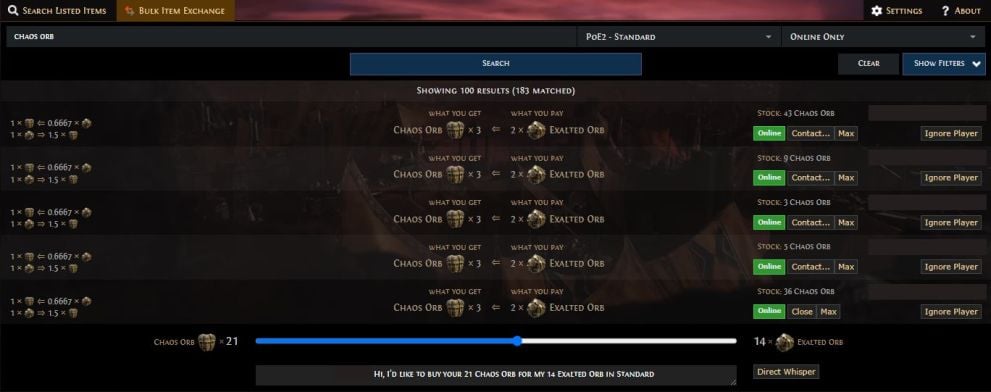 Bulk trade search results on PoE 2 Trade