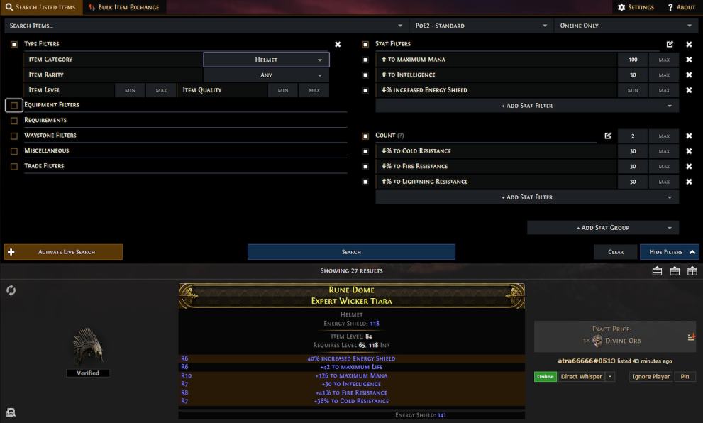 A search for a Mana Stacking helmet on PoE 2 Trade