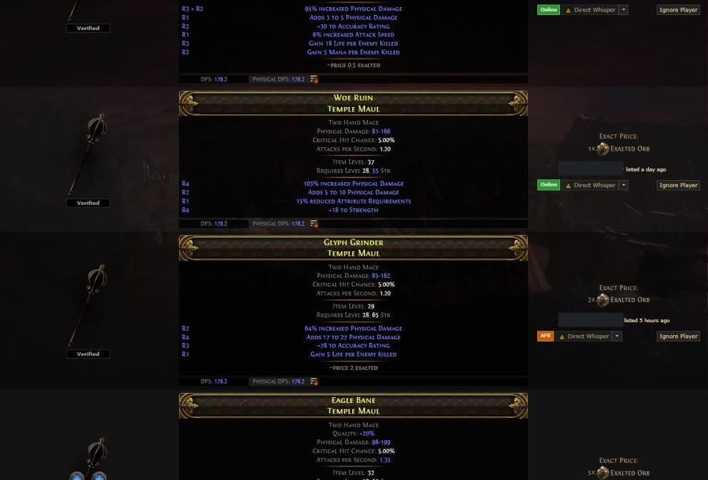 A preview of a search result on PoE 2 Trade