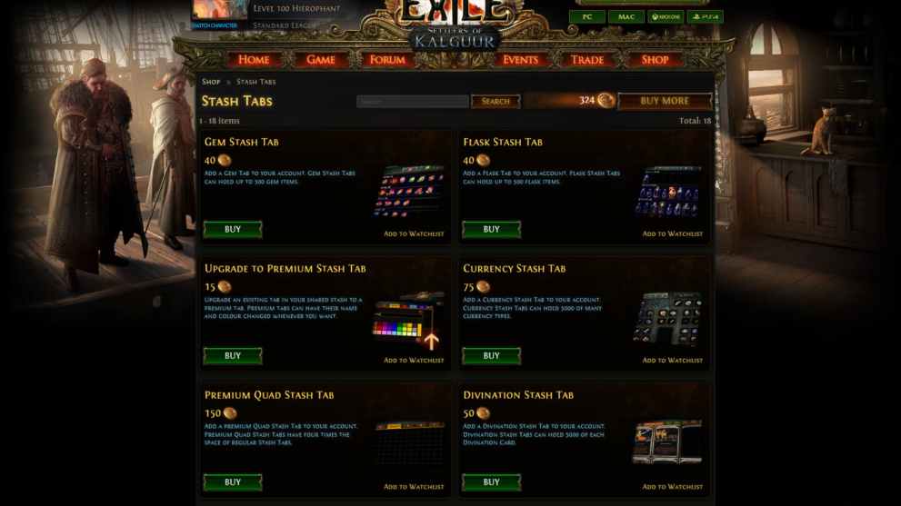 Path of Exile Shop on the official website