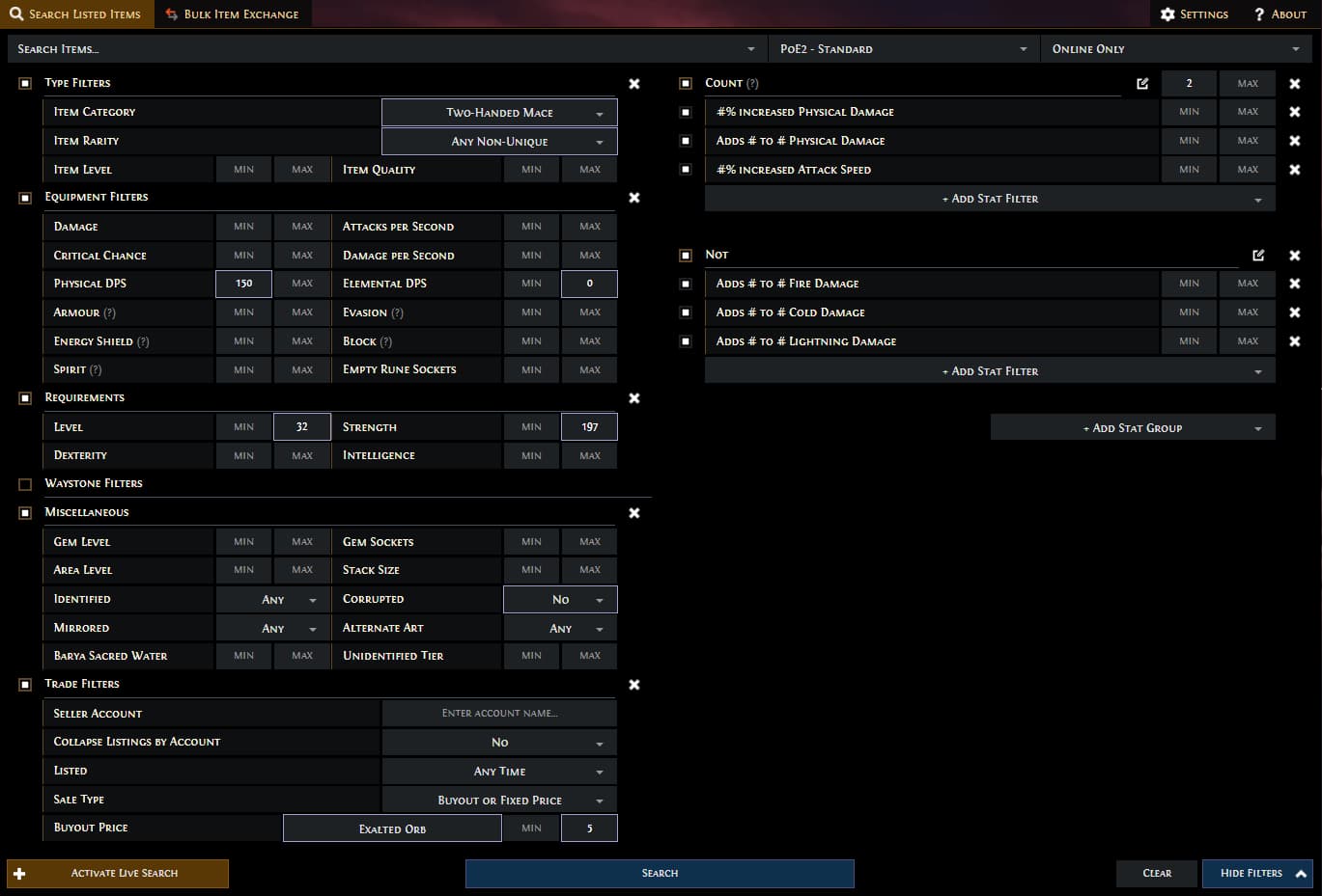 Suchfilter auf der PoE 2 Trade-Website