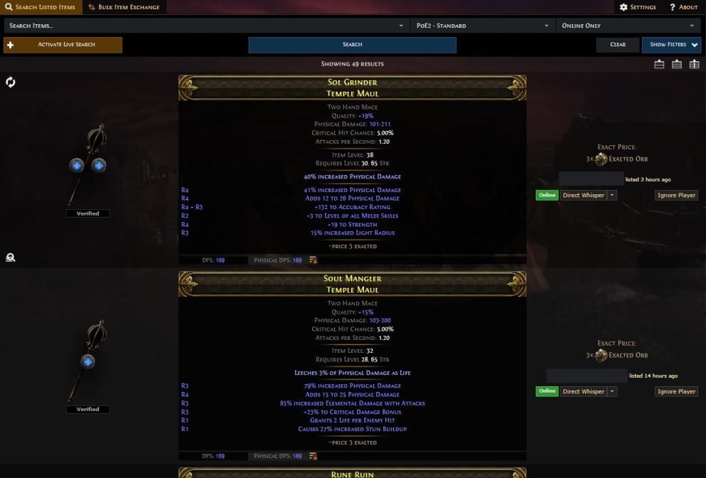 A preview of a search result on PoE 2 Trade