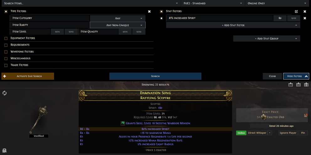 PoE 2 Trade search result for items with Spirit on them as an afix