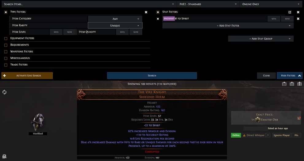 PoE 2 Trade search for items that have Spirit as an Enchant