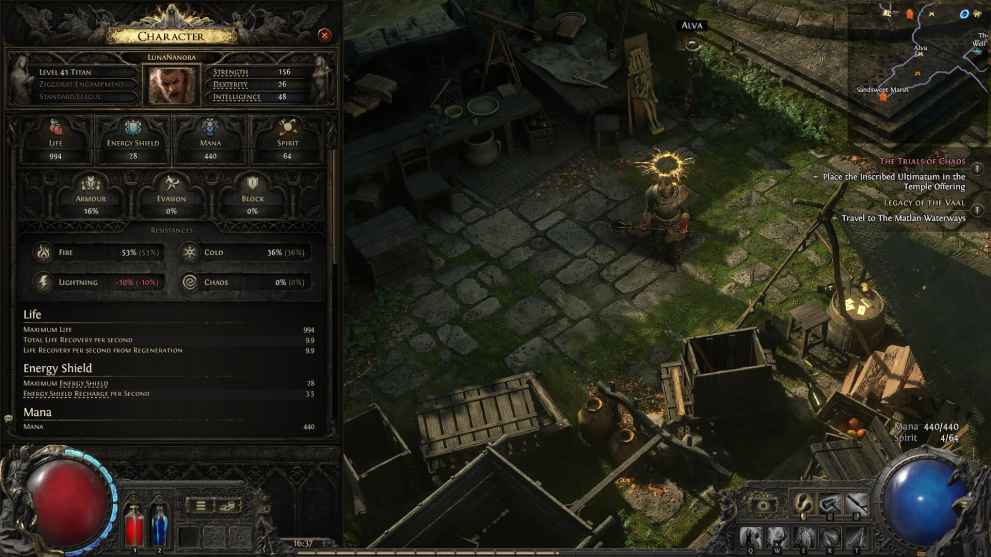 Character menu and mana bar where your maximum Spirit is shown in Path of Exile 2