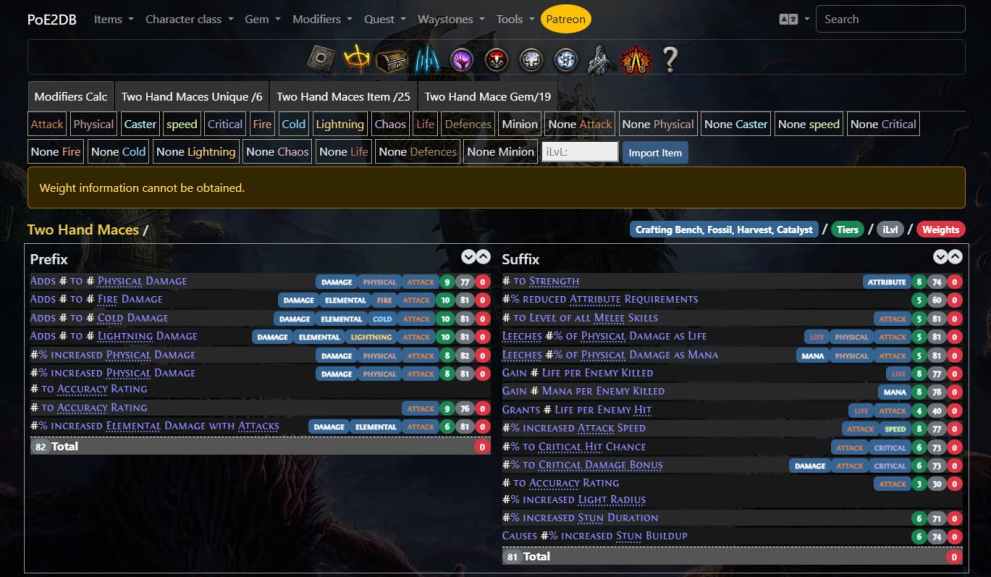 A preview of affixes you can roll on Two-Handed maces in Path of Exile 2
