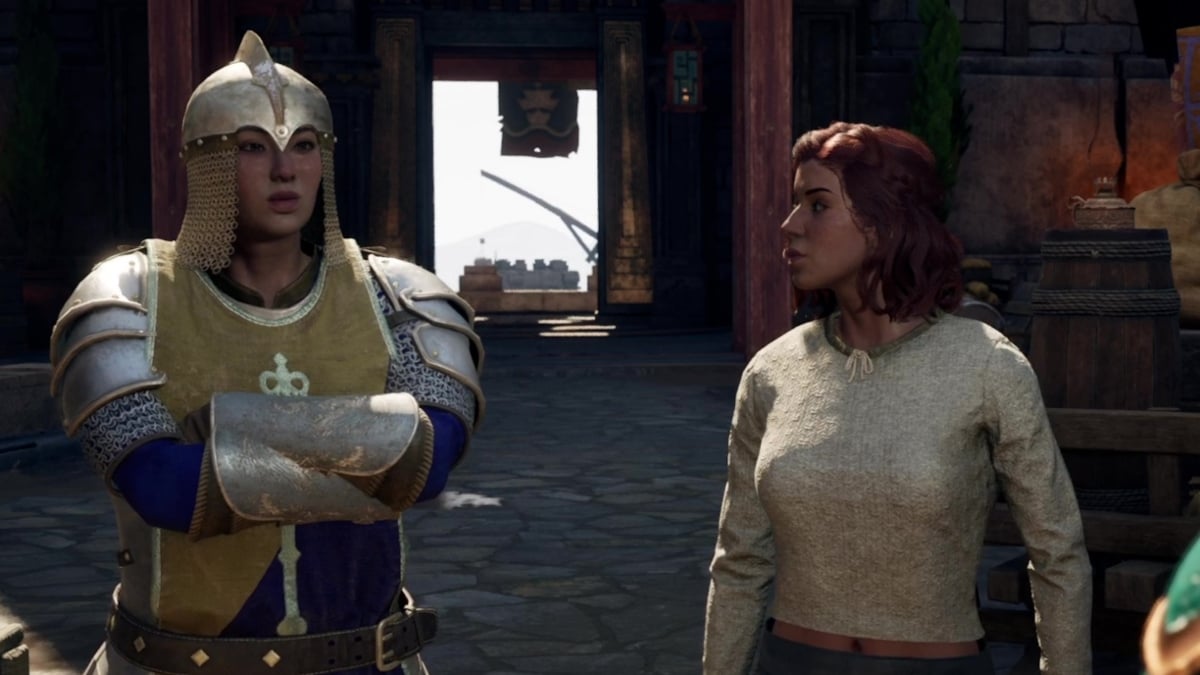 Avowed gameplay showing the Tradesperson who is smuggling grenades and the Aedyran Solider