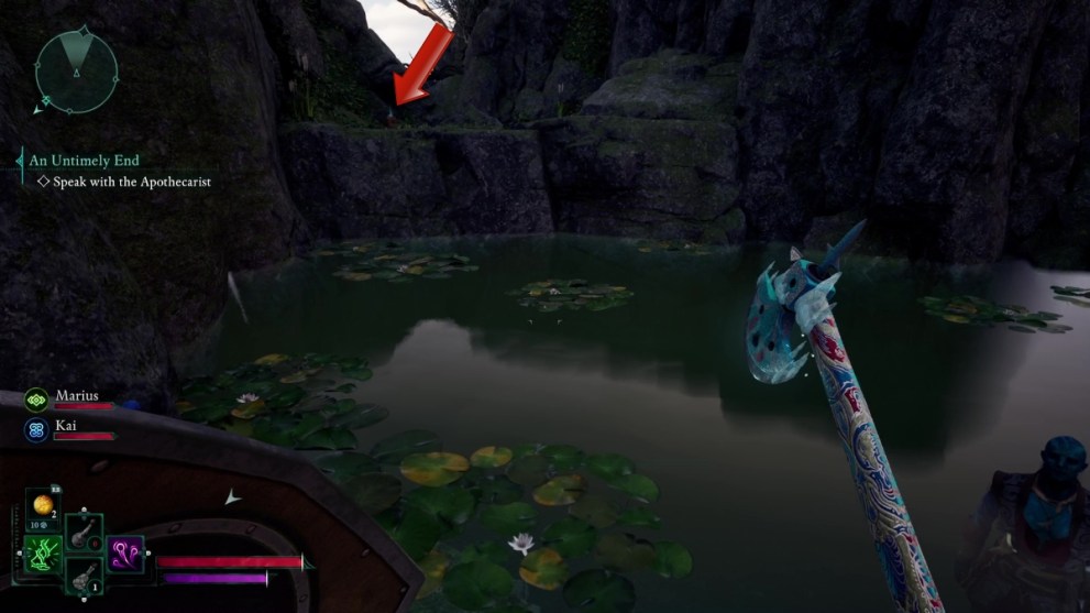 Avowed gameplay showing an arrow pointing to bagpack with loot on the other side of the Watcher's coin pond