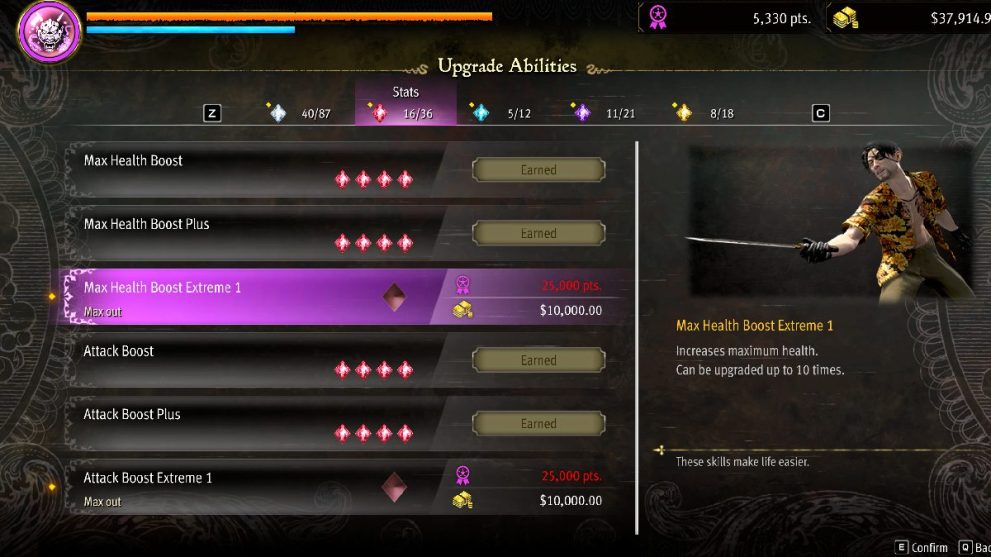 Ability upgrade menu in Like a Dragon Pirate Yakuza in Hawaii