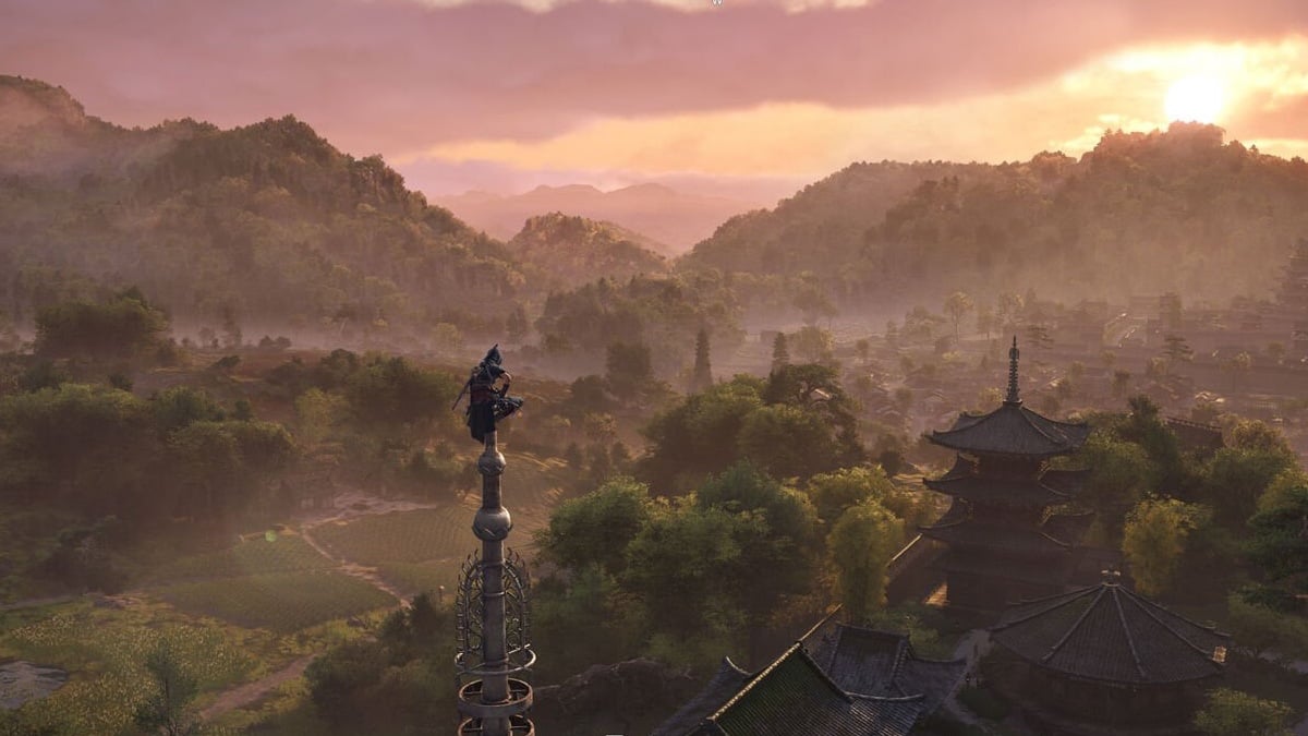 Assassin's Creed Shadows Naoe perched overlooking a forested vista and a building