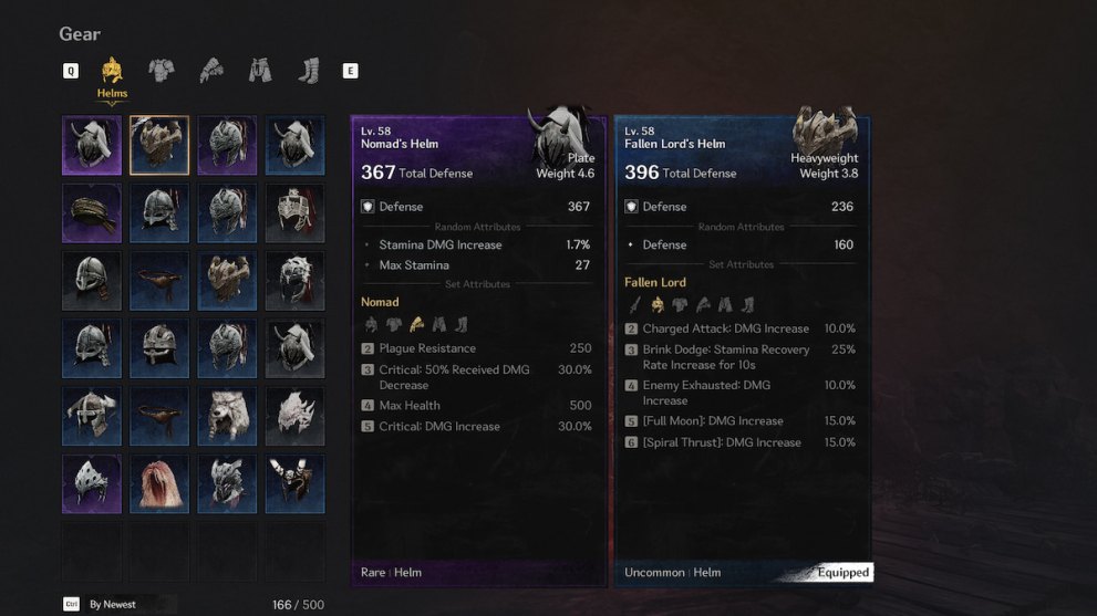 inventory screen in khazan the first berserker showing helmets being compared