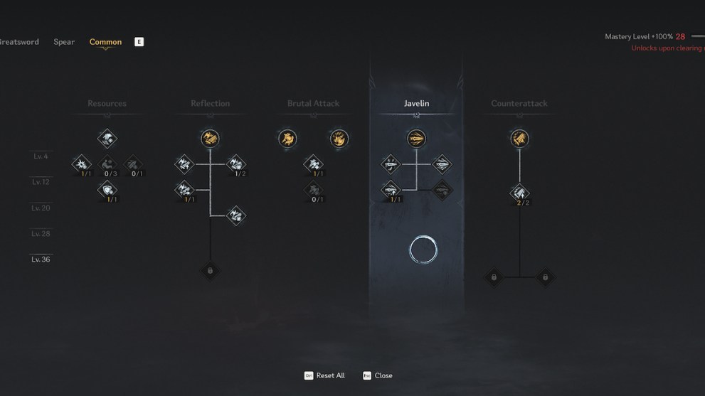 skill tree in the first berserker: khazan showing the Common skills