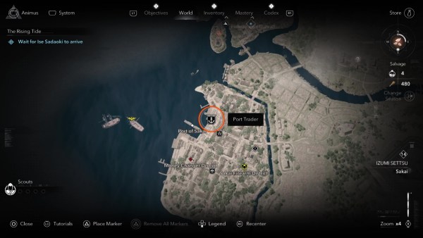 The Assassin's Creed Shadows map location of the Port Trader to get more crafting resources like Wood, Crops, and Minerals